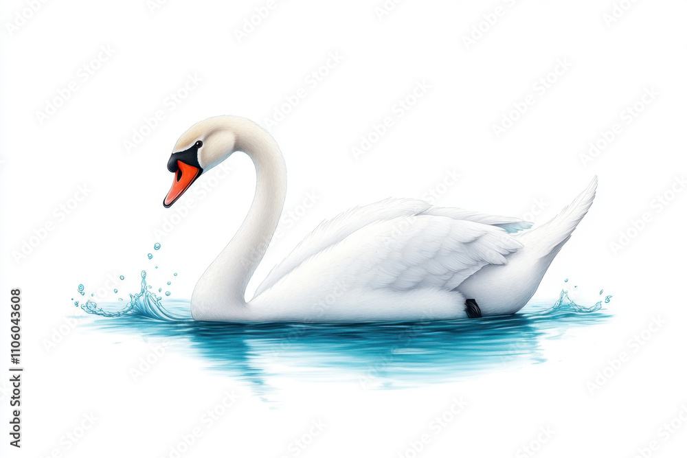A graceful white swan glides across tranquil blue water, creating gentle splashes, embodying beauty and elegance in nature. A graceful white swan glides across tranquil blue water, creating gentle splashes, embodying beauty and elegance in nature.