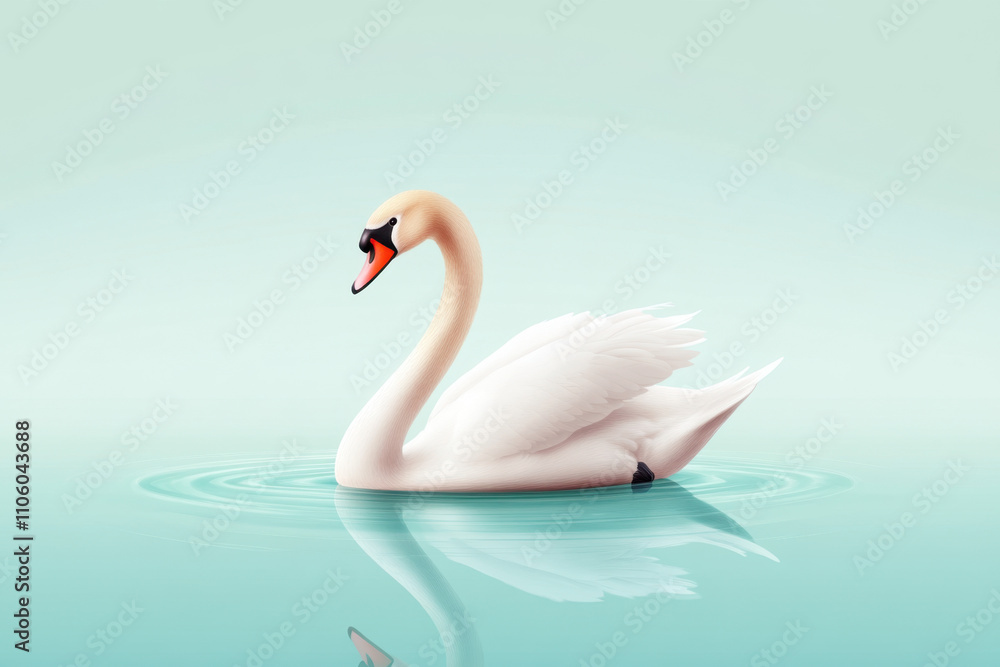 A graceful swan glides serenely on calm waters, showcasing its elegant posture and pristine white feathers against a soft, minty background. A graceful swan glides serenely on calm waters, showcasing its elegant posture and pristine white feathers against a soft, minty background.