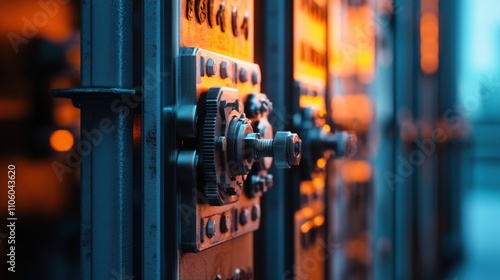 Precision Locking Mechanisms in Container Connections: Extreme Close-Up Macro Study with Industrial Textures and Blurred Logistics Background.