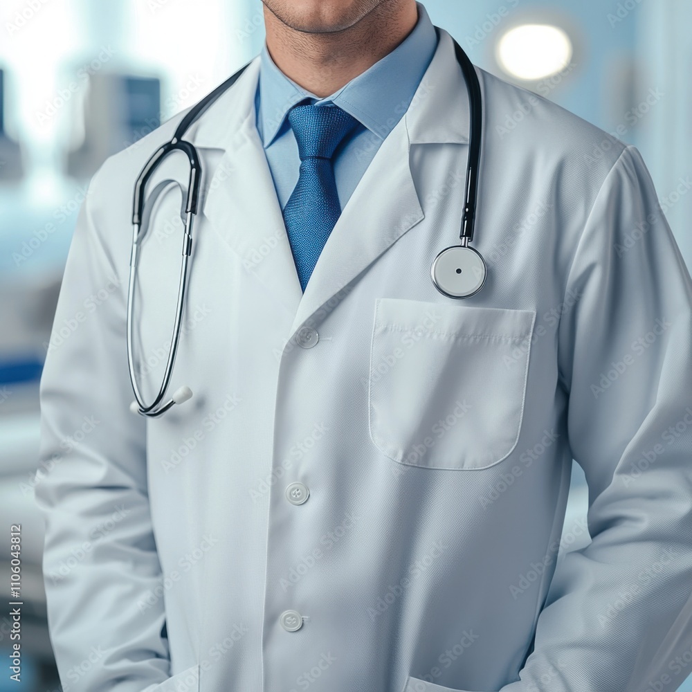 doctor standing in a hospital, wearing a white lab coat and stethoscope. The doctor has a confident and professional posture doctor standing in a hospital, wearing a white lab coat and stethoscope. The doctor has a confident and professional posture