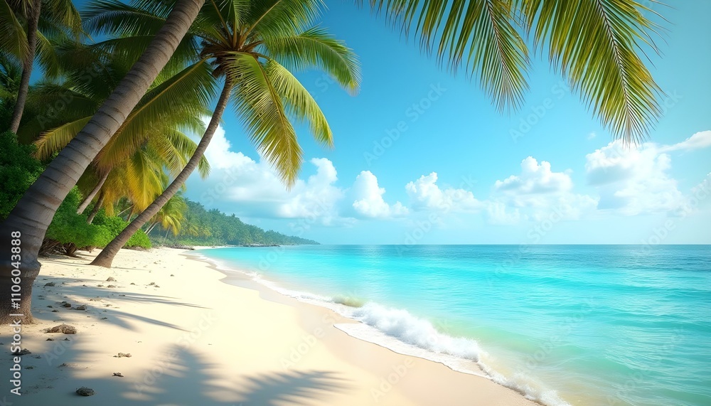 Tropical beach scene with palm trees and turquoise water. Tropical beach scene with palm trees and turquoise water.