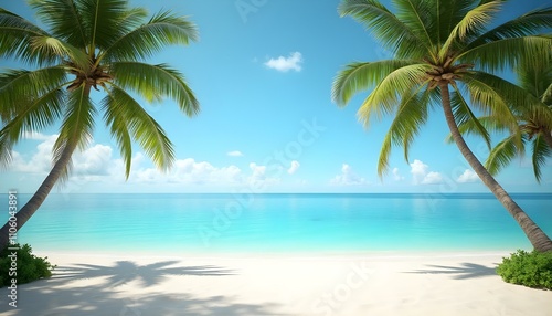 Tropical beach scene with palm trees and turquoise water.