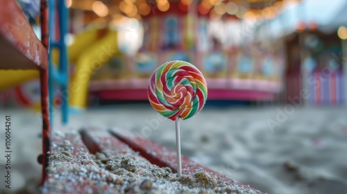 Colorful lollipop in sandy park with spinning amusement ride photo