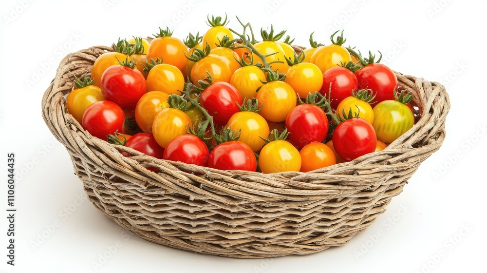 A Vibrant Collection of Fresh Cherry Tomatoes in a Natural Woven Basket, Showcasing a Beautiful Blend of Red, Yellow, and Orange Shades Perfect for Culinary Photography A Vibrant Collection of Fresh Cherry Tomatoes in a Natural Woven Basket, Showcasing a Beautiful Blend of Red, Yellow, and Orange Shades Perfect for Culinary Photography