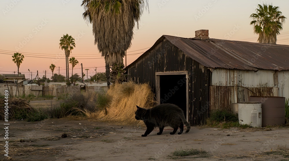 Fototapeta premium A cat entering a house through a pet door, blended with an image of the cat's silhouette against a backdrop of evening light.