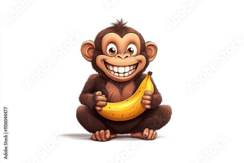 A cheerful cartoon monkey happily holding a banana, radiating joy and playfulness against a white background. photo