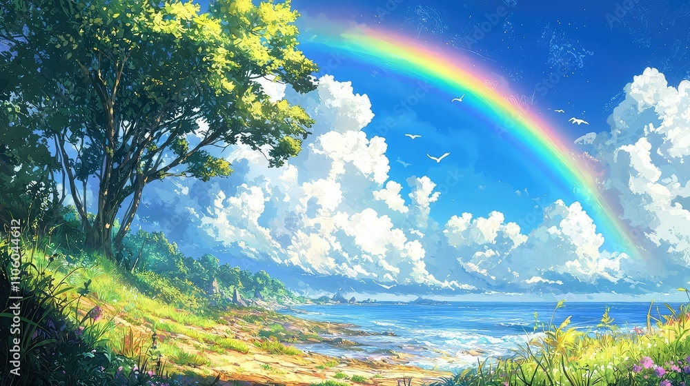 Obraz premium Vibrant Rainbow Arching Over a Bright and Sunny Coastal Landscape with Lush Green Trees and a Clear Blue Sky