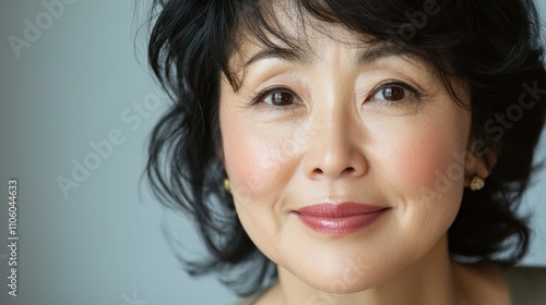 A close-up of an Asian woman smiling softly against a simple background, emphasizing her features