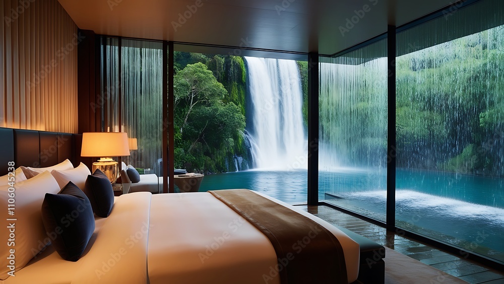 Fototapeta premium This luxurious bedroom blends sleek, modern design with the breathtaking beauty of nature. The expansive glass wall offers a panoramic view of a lush, cascading waterfall.