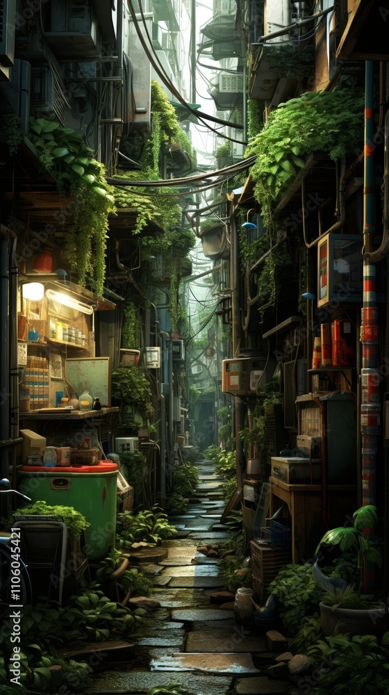 Naklejka premium Rustic Underground City Alley with Kitsch and Japanese Inspiration