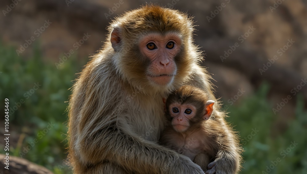 Obraz premium Female monkey with baby in Daulatabad, India.