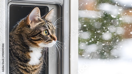 A cat door in a metal door, with a cat peering out at a snowy landscape.: cat, cat door, metal door, snow, winter, outdoor, pet  photo