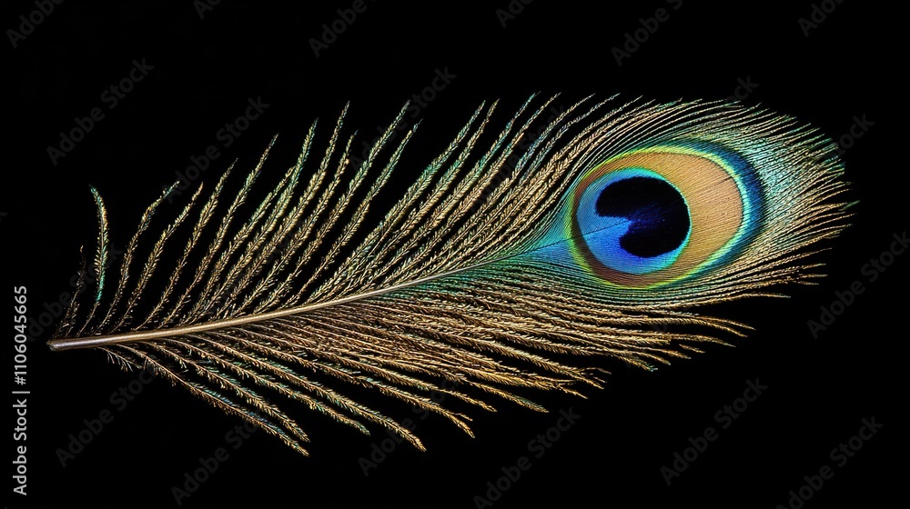 Obraz premium A vibrant peacock feather showcasing intricate patterns and colors against a dark background.