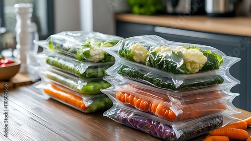 Vacuum Sealed Bags Of Fresh Vegetables Ready For Freezing photo