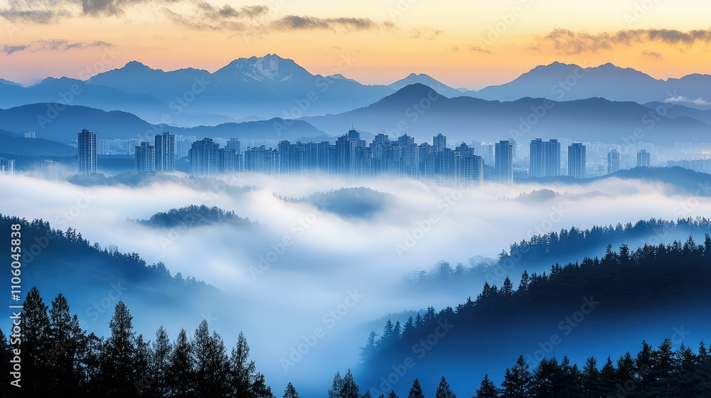 Misty Mountain Range Overlooking a Hidden City at Dawn, Capturing the Tranquility and Serenity of Nature with Fog and Mountain Peaks in the Distance Misty Mountain Range Overlooking a Hidden City at Dawn, Capturing the Tranquility and Serenity of Nature with Fog and Mountain Peaks in the Distance