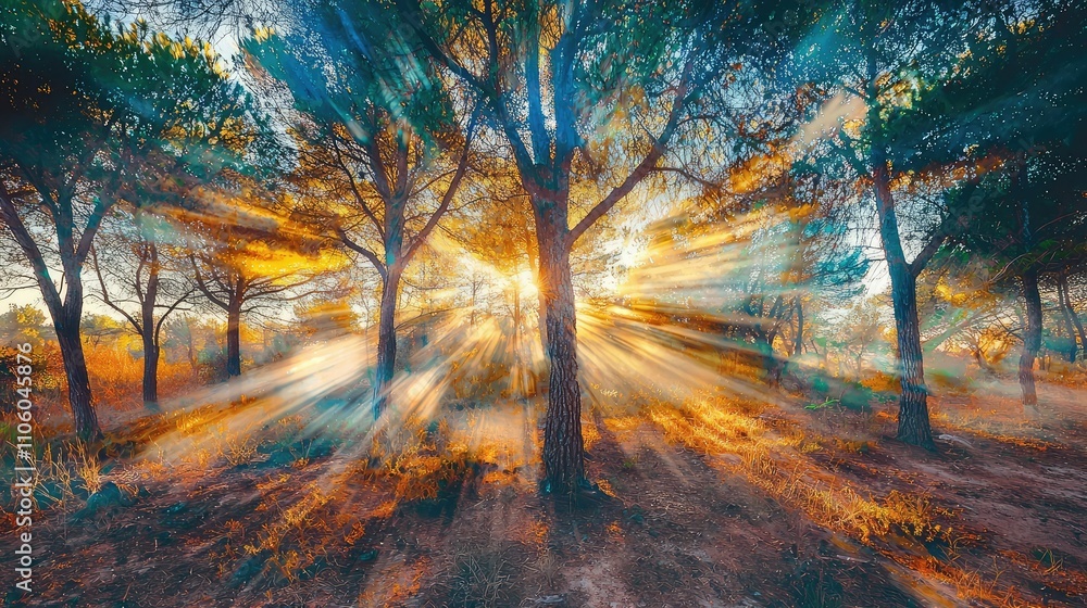 Obraz premium Serene Dawn in a Forest with Sun Rays Streaming Through Trees Creating a Magical Atmosphere of Light and Color