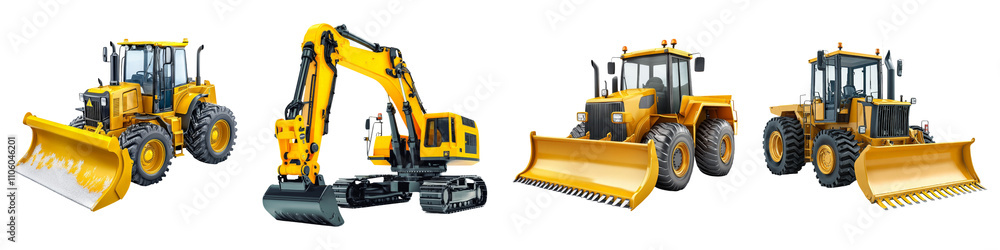 construction equipment concept. A collection of heavy construction machinery, including a bulldozer, excavator, and wheel loader, all prominently featuring a yellow color scheme. on Transparent backgr construction equipment concept. A collection of heavy construction machinery, including a bulldozer, excavator, and wheel loader, all prominently featuring a yellow color scheme. on Transparent backgr