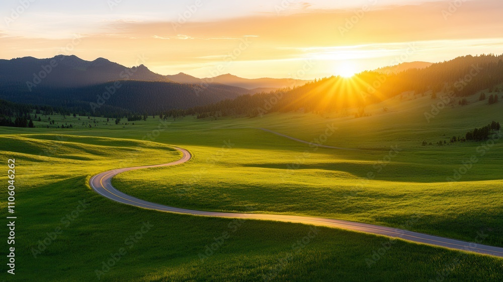 A serene landscape featuring a winding road through lush green fields under a vibrant sunrise, with mountains in the background. A serene landscape featuring a winding road through lush green fields under a vibrant sunrise, with mountains in the background.