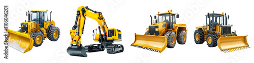 construction equipment concept. A collection of heavy construction machinery, including a bulldozer, excavator, and wheel loader, all prominently featuring a yellow color scheme. on Transparent backgr