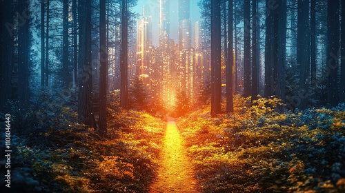 A Surreal Journey Through a Glowing Forest Path Leading Towards a Futuristic Cityscape at Dusk with Vibrant Colors and Mystical Atmosphere