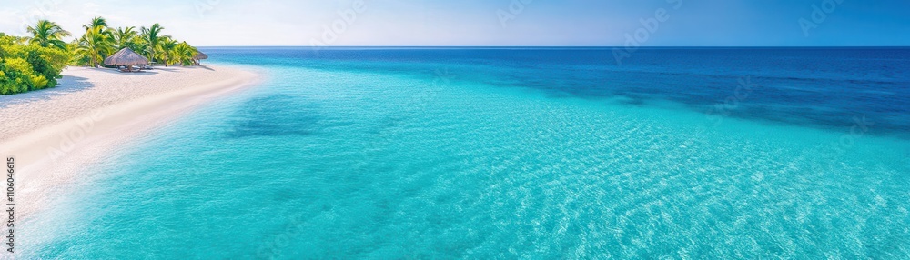 Obraz premium A serene beach scene featuring turquoise waters, white sand, and lush greenery under a clear blue sky.