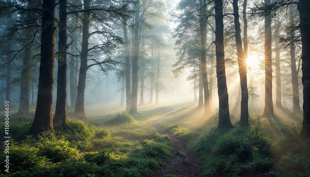 A misty forest in the early morning. A misty forest in the early morning.