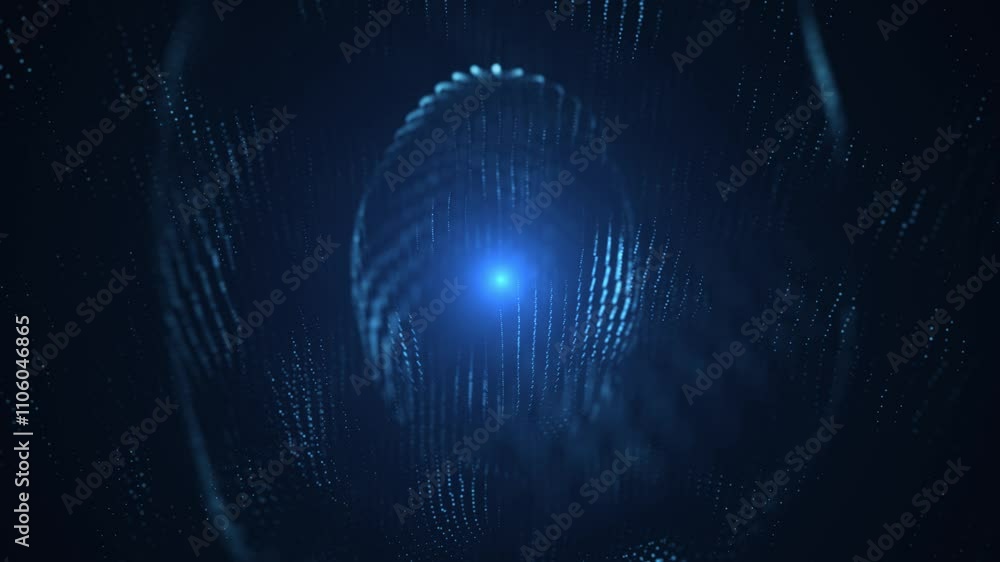 Abstract background with wavy particles of oval or spherical shape, digital blue waves. Seamless looping 4k video