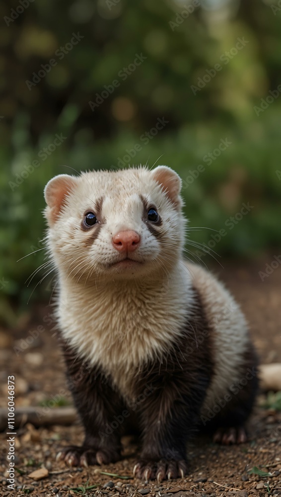 Ferret posing for a portrait on a park path. Ferret posing for a portrait on a park path.