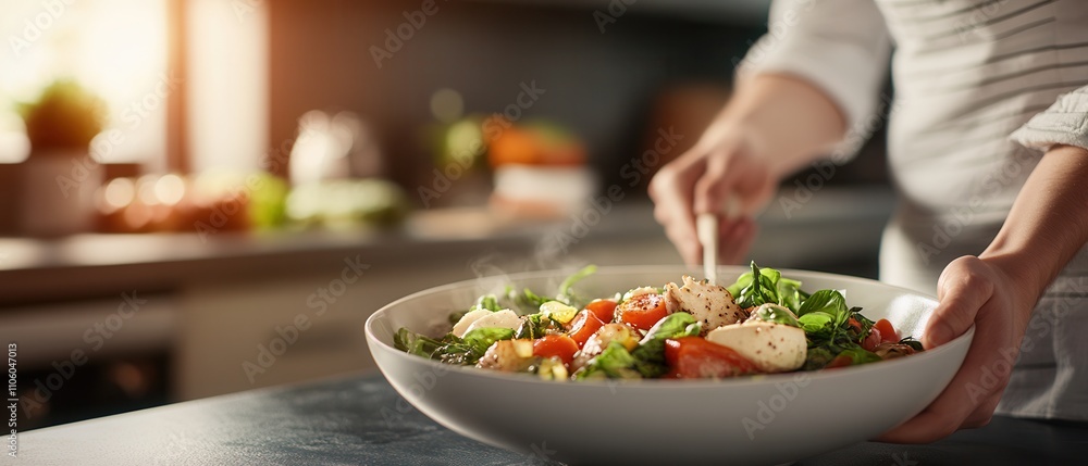 A person prepares a fresh salad in a cozy kitchen, showcasing vibrant vegetables and greens in a large bowl under warm sunlight. A person prepares a fresh salad in a cozy kitchen, showcasing vibrant vegetables and greens in a large bowl under warm sunlight.