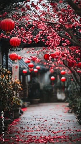 Rows of red lanterns in a Chinese New Year festival setting, creating a vibrant and festive atmosphere filled with joy, prosperity, and traditional celebration. photo