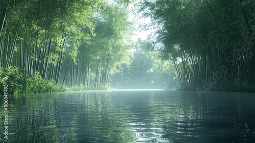 Serene bamboo forest path reflected in calm water.
