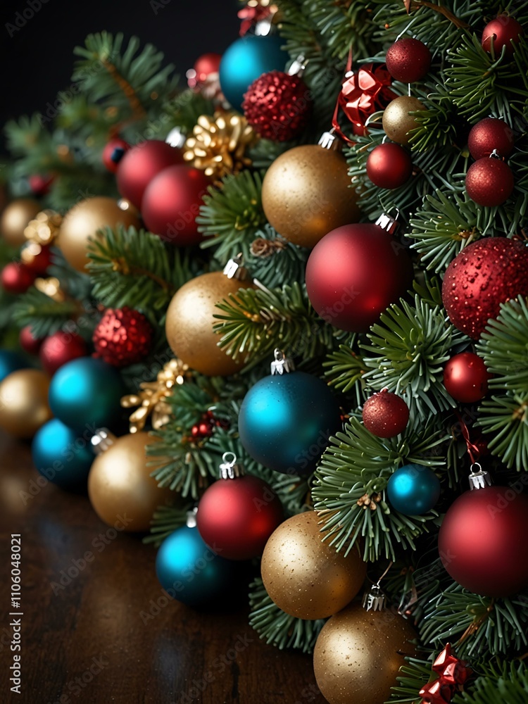 Festive Christmas garland adorned with pine needles and ornaments. Festive Christmas garland adorned with pine needles and ornaments.