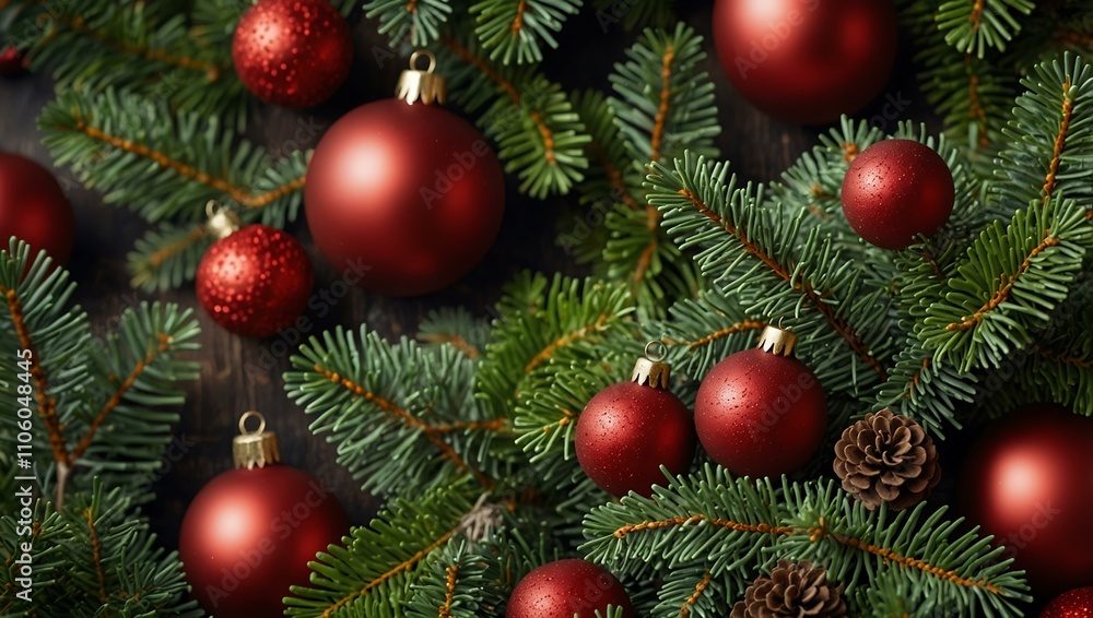 Festive Christmas tree branches with red balls and cones. Festive Christmas tree branches with red balls and cones.