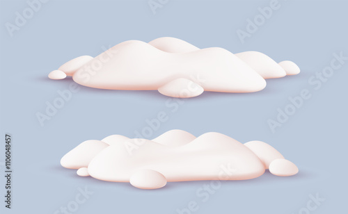 Vector illustration of set of pile of realistic white snow on light blue background. 3d cartoon style design of winter snowy decoration element. Snow drift for banner
