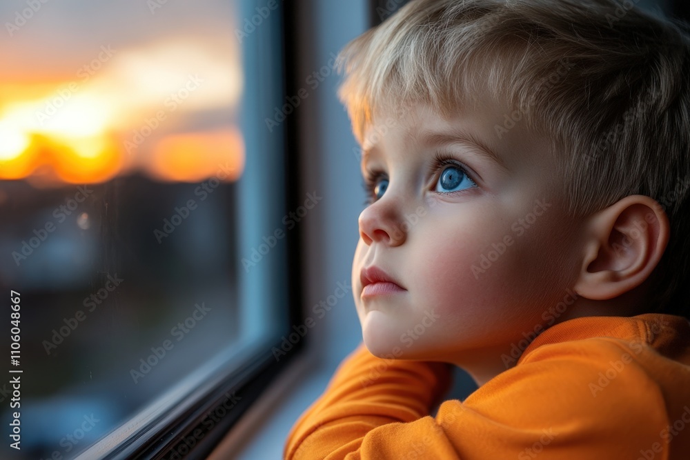 A poignant image of a young child gazing out a window, lost in thought as a beautiful sunset illuminates the sky, representing innocence, wonder, and the dreams of childhood. A poignant image of a young child gazing out a window, lost in thought as a beautiful sunset illuminates the sky, representing innocence, wonder, and the dreams of childhood.