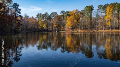 Park's lake neighboring pine woodland