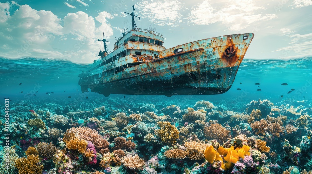 Stunning Composite Image of an Underwater Coral Reef Showcasing Vibrant Marine Life and a Sunken Ship, Captured with Gigapixel Technology for Enhanced Detail Stunning Composite Image of an Underwater Coral Reef Showcasing Vibrant Marine Life and a Sunken Ship, Captured with Gigapixel Technology for Enhanced Detail
