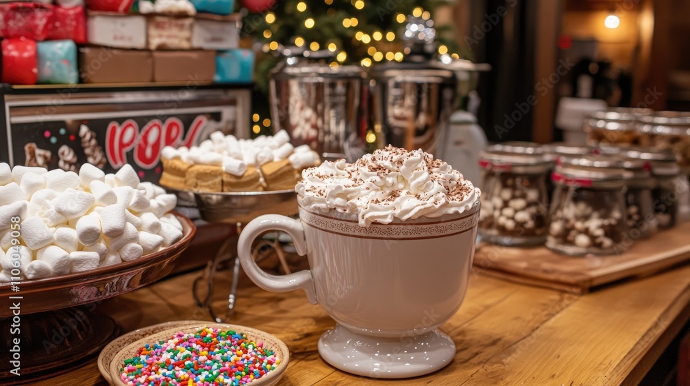 A hot chocolate bar setup with marshmallows, whipped cream, and sprinkles on a decorated counter. A hot chocolate bar setup with marshmallows, whipped cream, and sprinkles on a decorated counter.