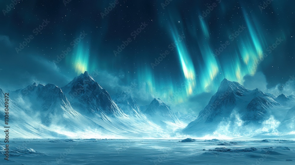 A serene, icy landscape illuminated by vibrant auroras in a night sky. A serene, icy landscape illuminated by vibrant auroras in a night sky.