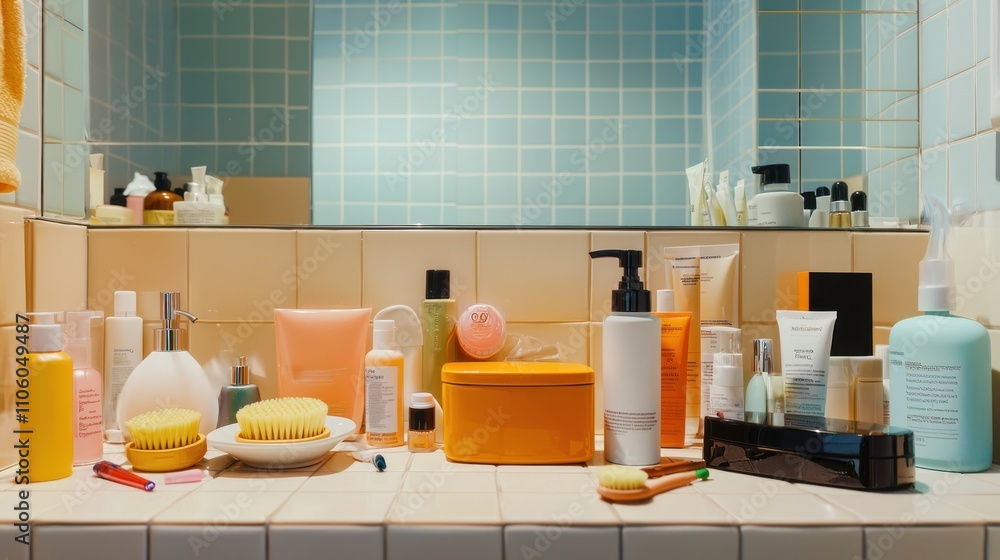 Obraz premium A cluttered bathroom counter scene highlighting everyday items, including skincare products and personal accessories