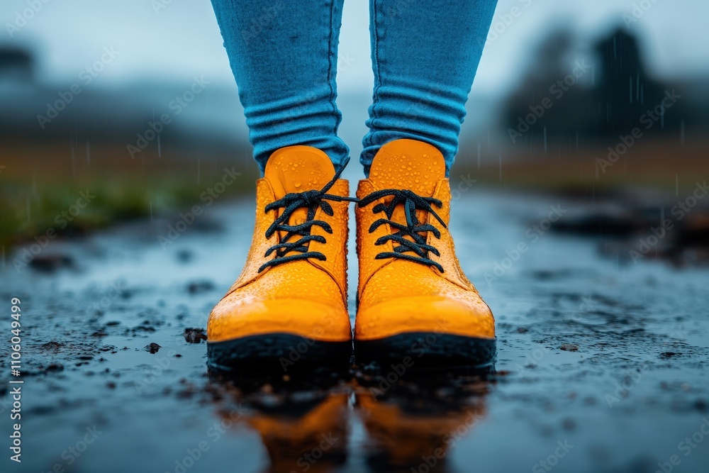 A pair of bright yellow shoes stands out against a rainy landscape, symbolizing resilience and vibrancy in nature, capturing the joy of life despite the weather. A pair of bright yellow shoes stands out against a rainy landscape, symbolizing resilience and vibrancy in nature, capturing the joy of life despite the weather.