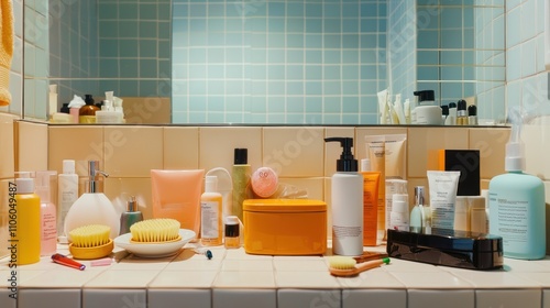 A cluttered bathroom counter scene highlighting everyday items, including skincare products and personal accessories