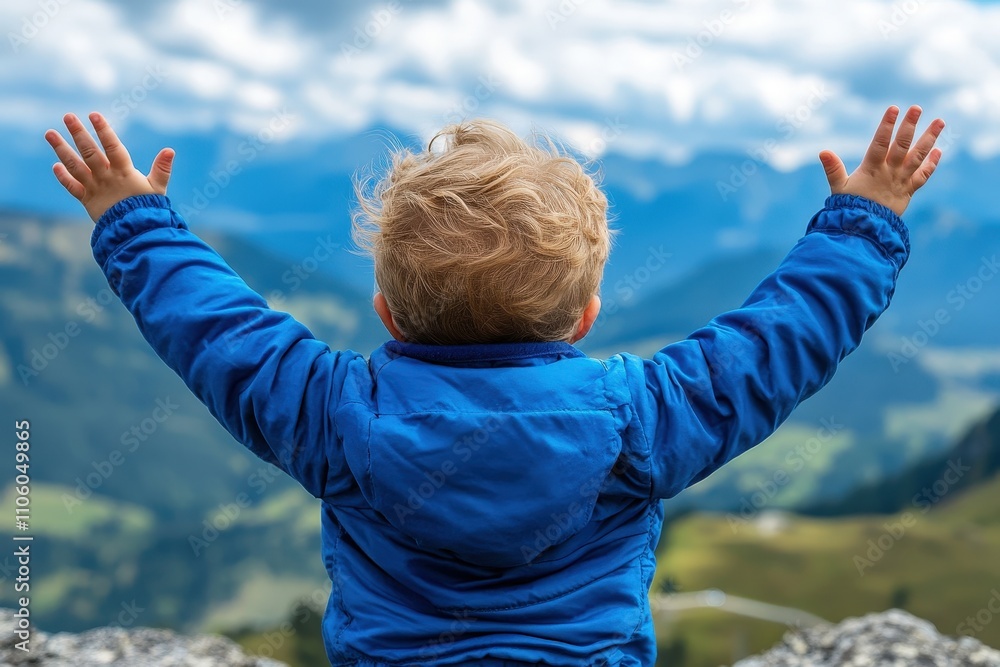 A cheerful child spreads their arms wide in celebration, experiencing the exhilaration of nature and its breathtaking mountain view under a vast blue sky. A cheerful child spreads their arms wide in celebration, experiencing the exhilaration of nature and its breathtaking mountain view under a vast blue sky.