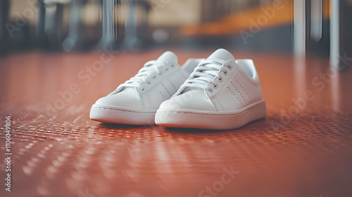 Clean white sneakers on red floor. photo