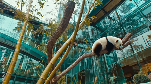A playful panda rests on a tree branch amidst sleek glass architecture and vibrant bamboo, showcasing the harmony between nature and contemporary design.