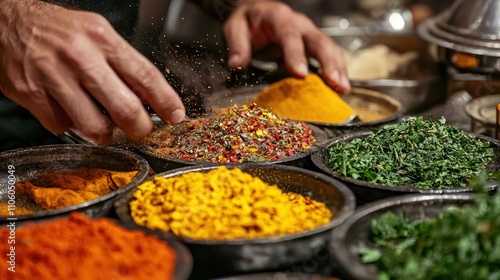 A chef experiments with new ingredients in the kitchen, mixing exotic spices and herbs to create a unique fusion dish