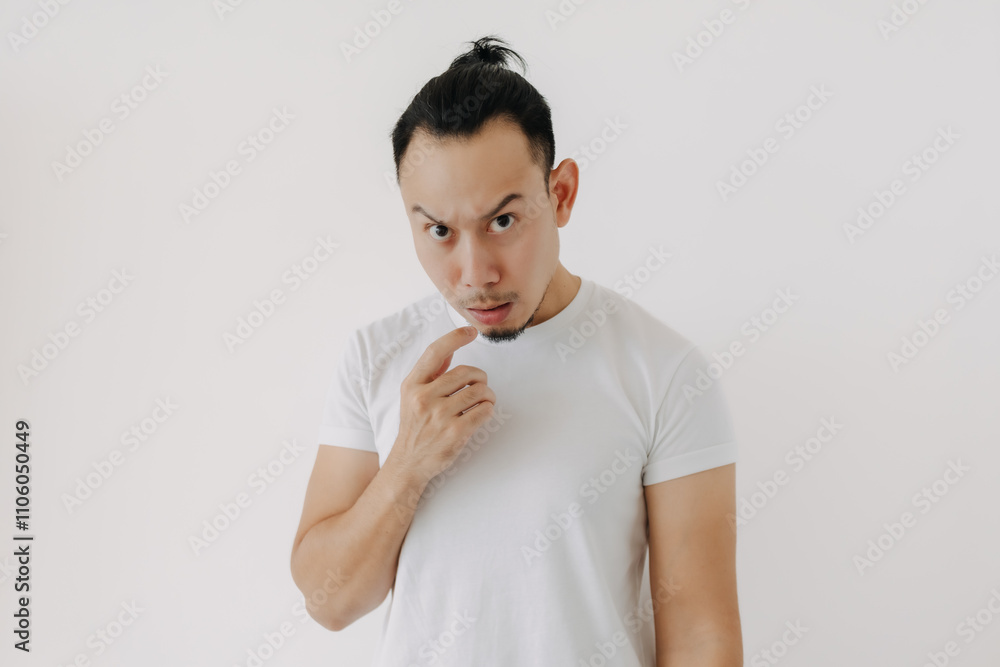 Doubt hesitate funny face Asian man in white t-shirt isolate on white. Doubt hesitate funny face Asian man in white t-shirt isolate on white.