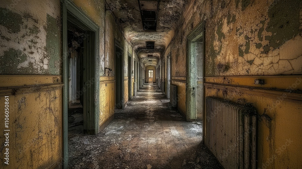 Eerie and Abandoned Hospital Interior with Dark, Creepy Corridors Filled with Decay and Mystery, Perfect for Haunting or Urban Exploration Themes in Stock Photography Eerie and Abandoned Hospital Interior with Dark, Creepy Corridors Filled with Decay and Mystery, Perfect for Haunting or Urban Exploration Themes in Stock Photography