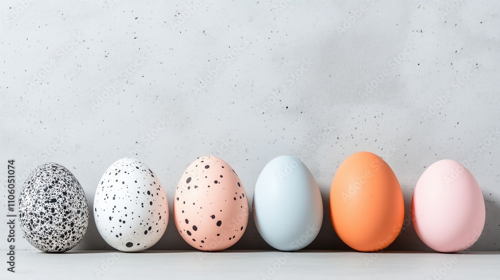 Colored eggs in row on white background. Easter celebration and spring decor with copy space Colored eggs in row on white background. Easter celebration and spring decor with copy space