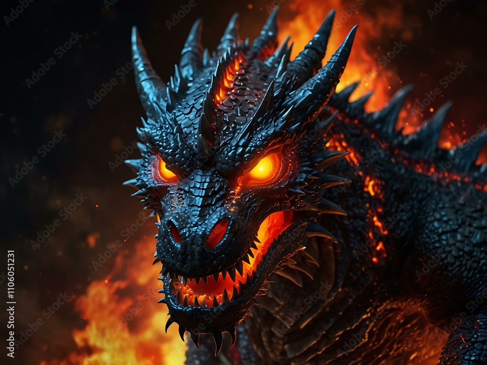 Fierce dragon with glowing red eyes, surrounded by flames. Fierce dragon with glowing red eyes, surrounded by flames.